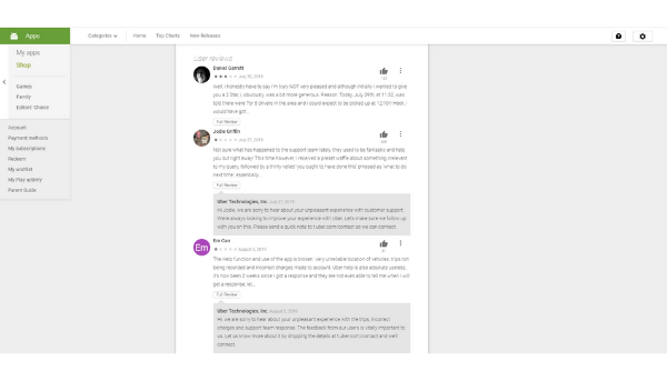 Uber app reviews in the Google Play Store with a reply from the developer (Source: Google Play Store)